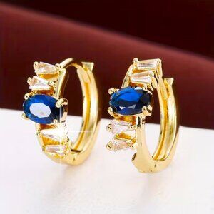 14K Gold Womens 2ct Blue Sapphire Gemstone 1ct Diamond Small Hoop Earrings NEW